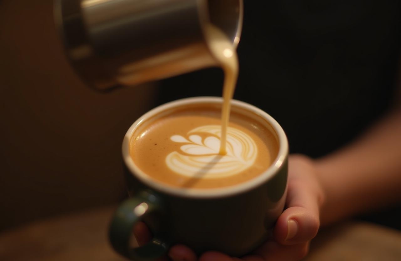 バリスタが繊細なラテアートを注いでいる様子