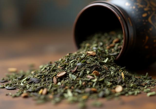 茶筒からこぼれる高品質な茶葉のクローズアップ